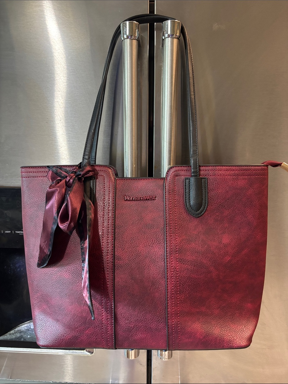 Montana West Wine Red Tote with Black Handles and Scarf Accent